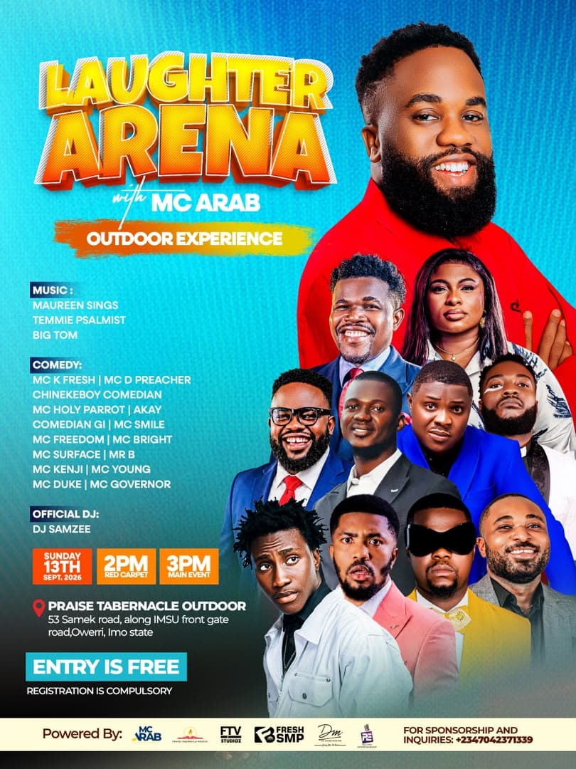 Laughter Arena with MC Arab event flyer — Sunday, 13th September 2026 at Praise Tabernacle Outdoor